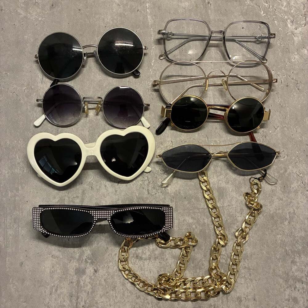 Assorted Set of 8 Fashion Sunglasses and Eyewear with Gold Chain heart shaped